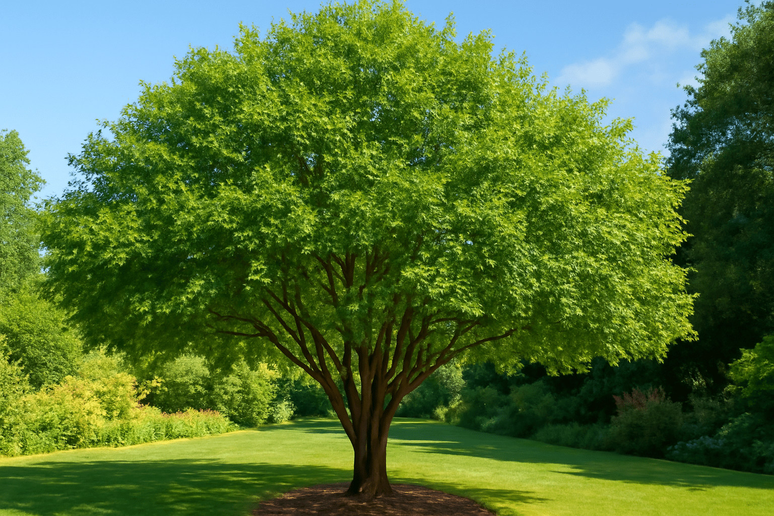 A majestic tree rises in the center of a lush green field, surrounded by a serene landscape.