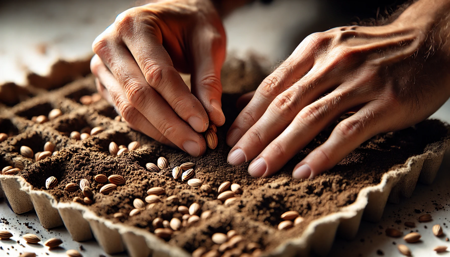 A close-up of hands planting seeds in soil-filled tray sections, with scattered seeds and rich brown dirt in focus.