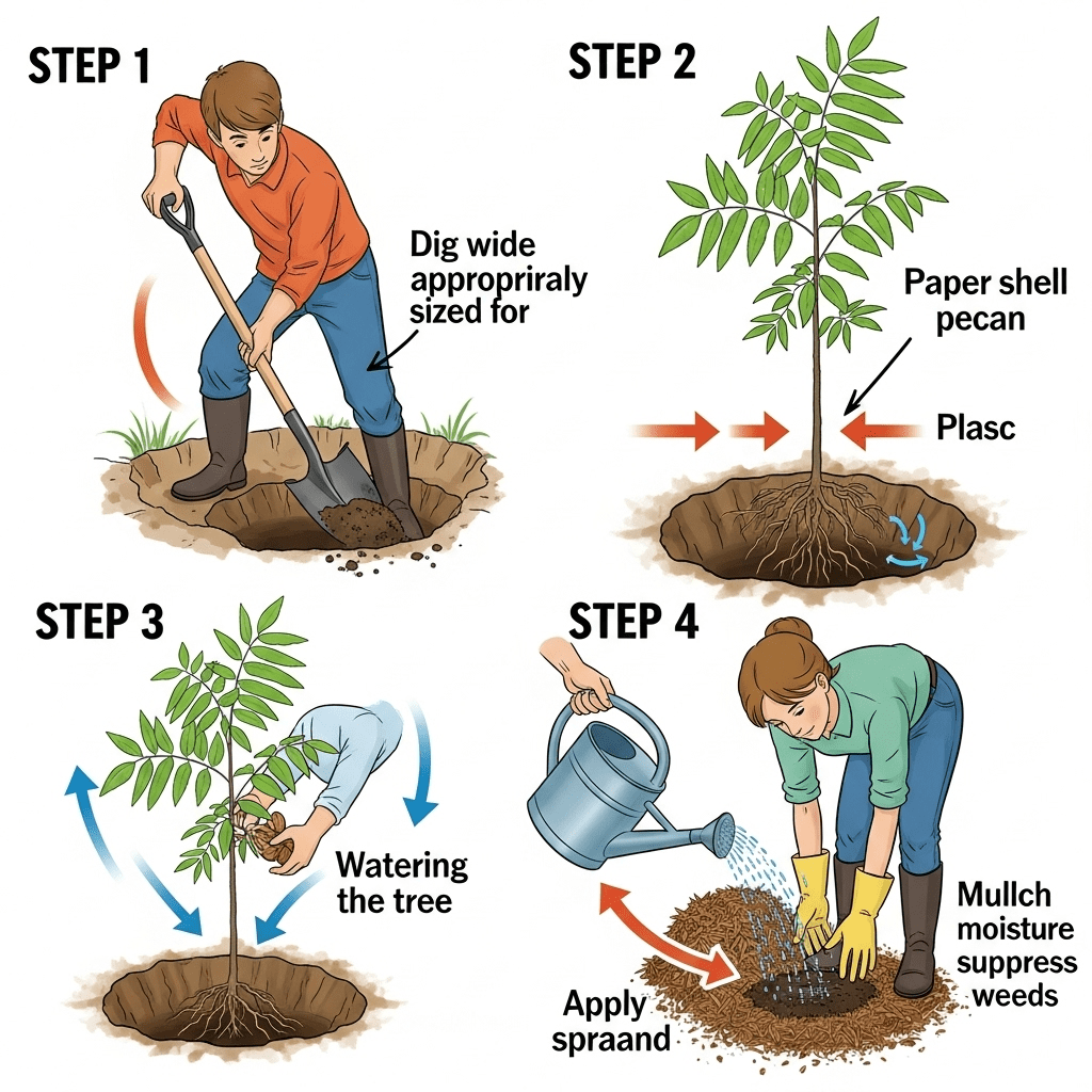 "Step-by-step guide for planting paper shell pecan tree with labeled instructions"