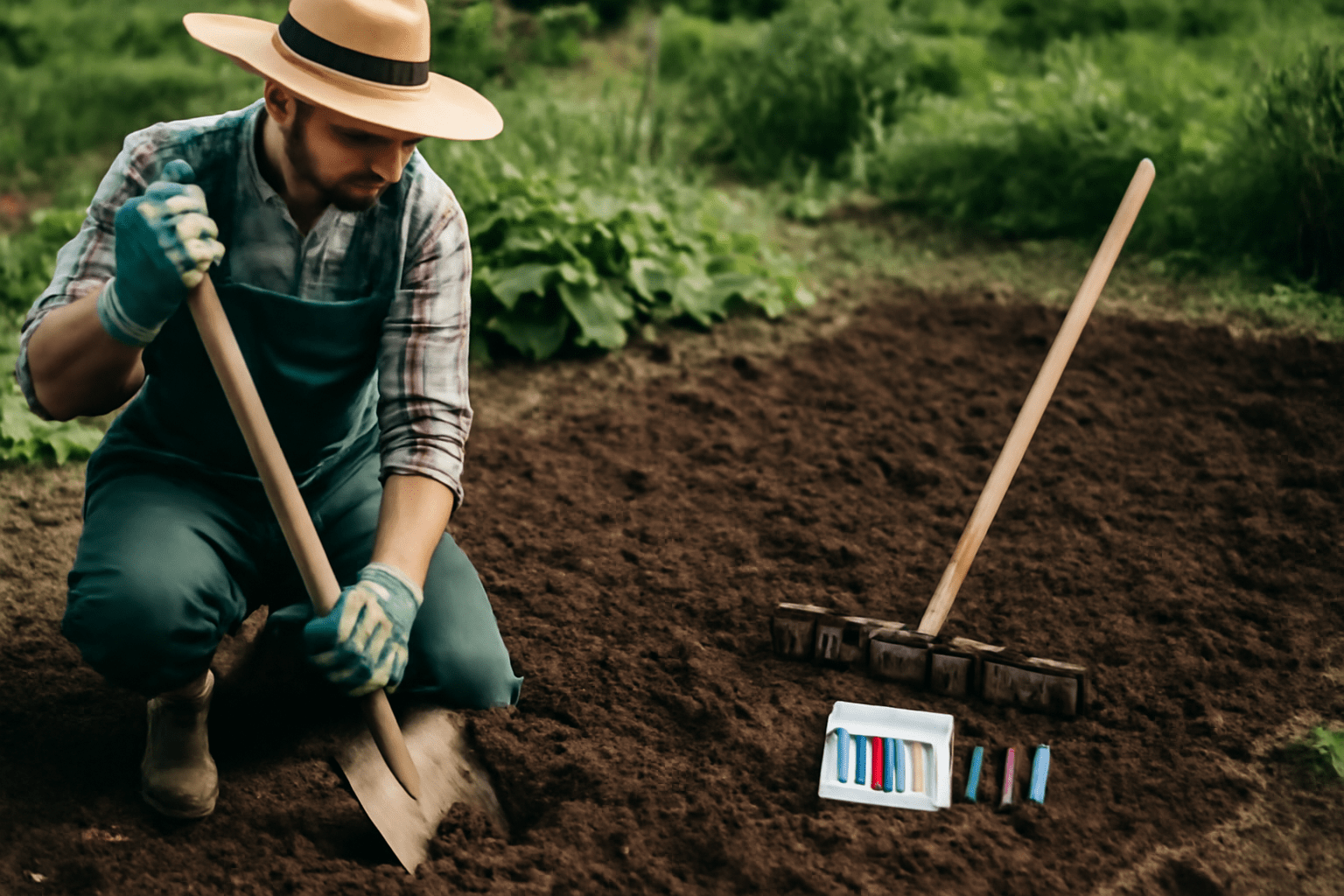 "Gardener preparing the soil for bare root pecan tree planting using a shovel and soil test kit."