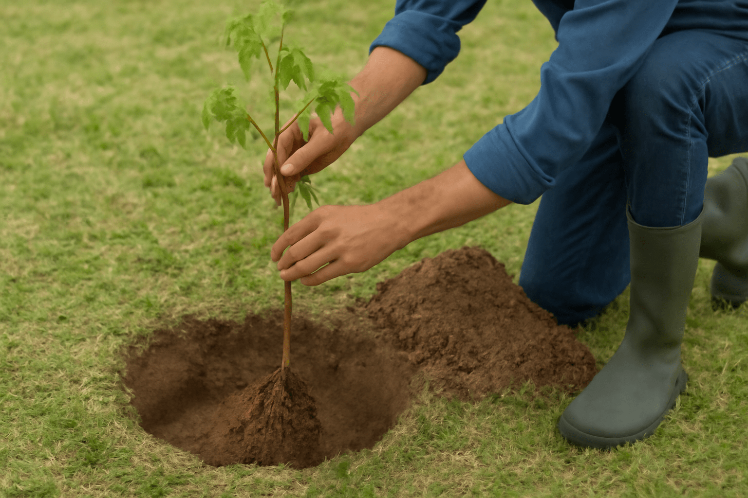 "Gardener planting a young pecan tree in well-prepared soil, demonstrating the correct planting method for healthy growth."