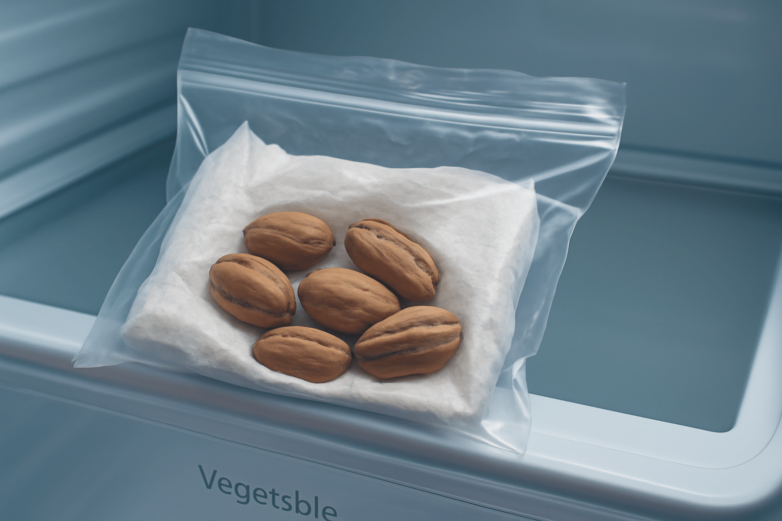 "Pecan seeds in a damp paper towel inside a refrigerator for cold stratification, illustrating the preparation process for planting a pecan tree from seed."