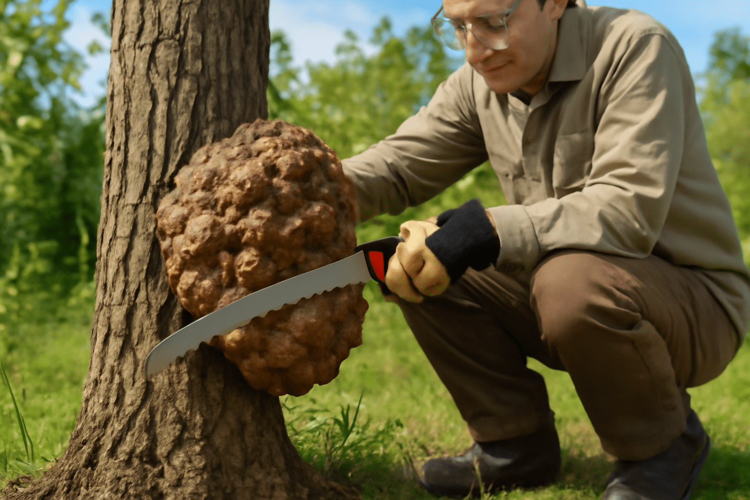 "Person in safety gear harvesting a walnut tree burl from a tree trunk with a pruning saw, set against a natural outdoor backdrop with green foliage."