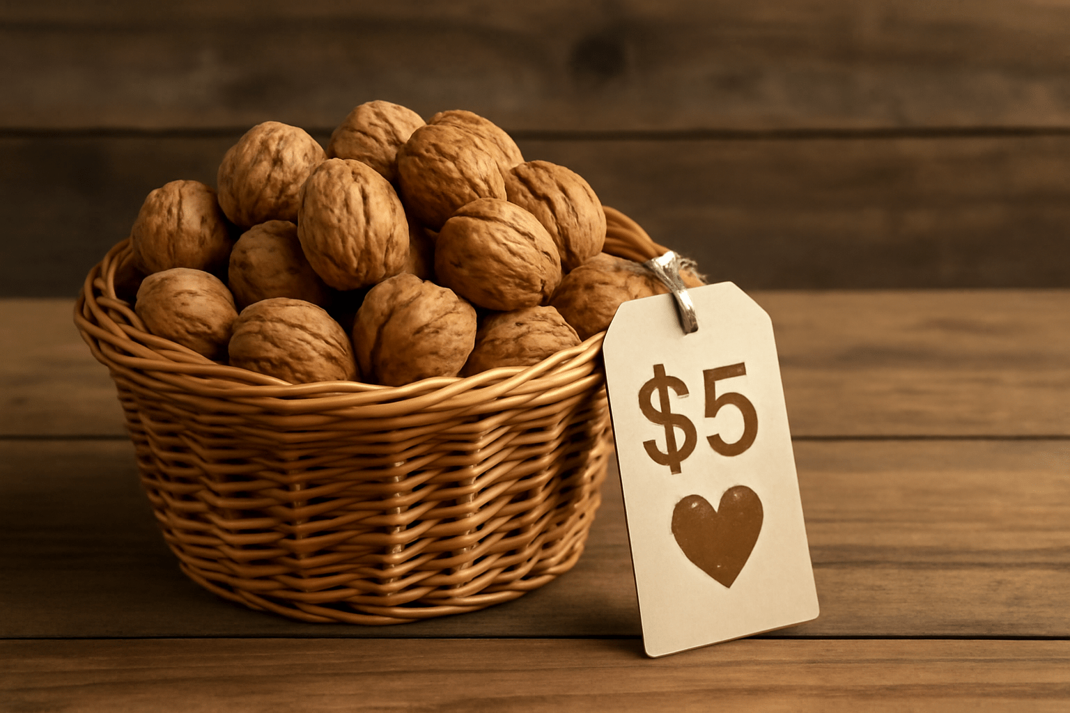 "Basket of harvested walnuts with price tag and heart symbol on a wooden table, showcasing economic and health benefits."