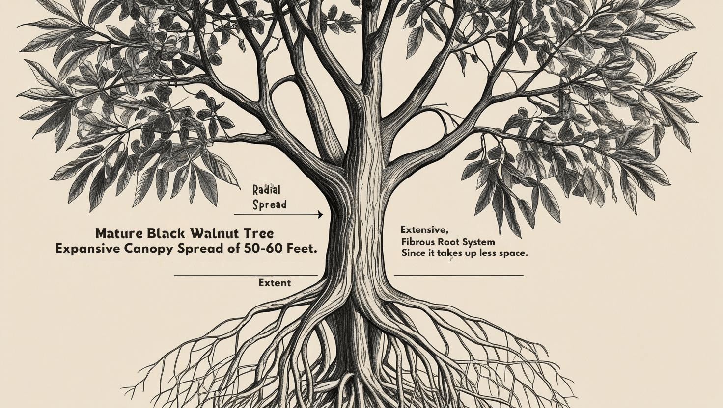 "Diagram showing black walnut tree with expansive canopy and root system, demonstrating space requirements for growth."