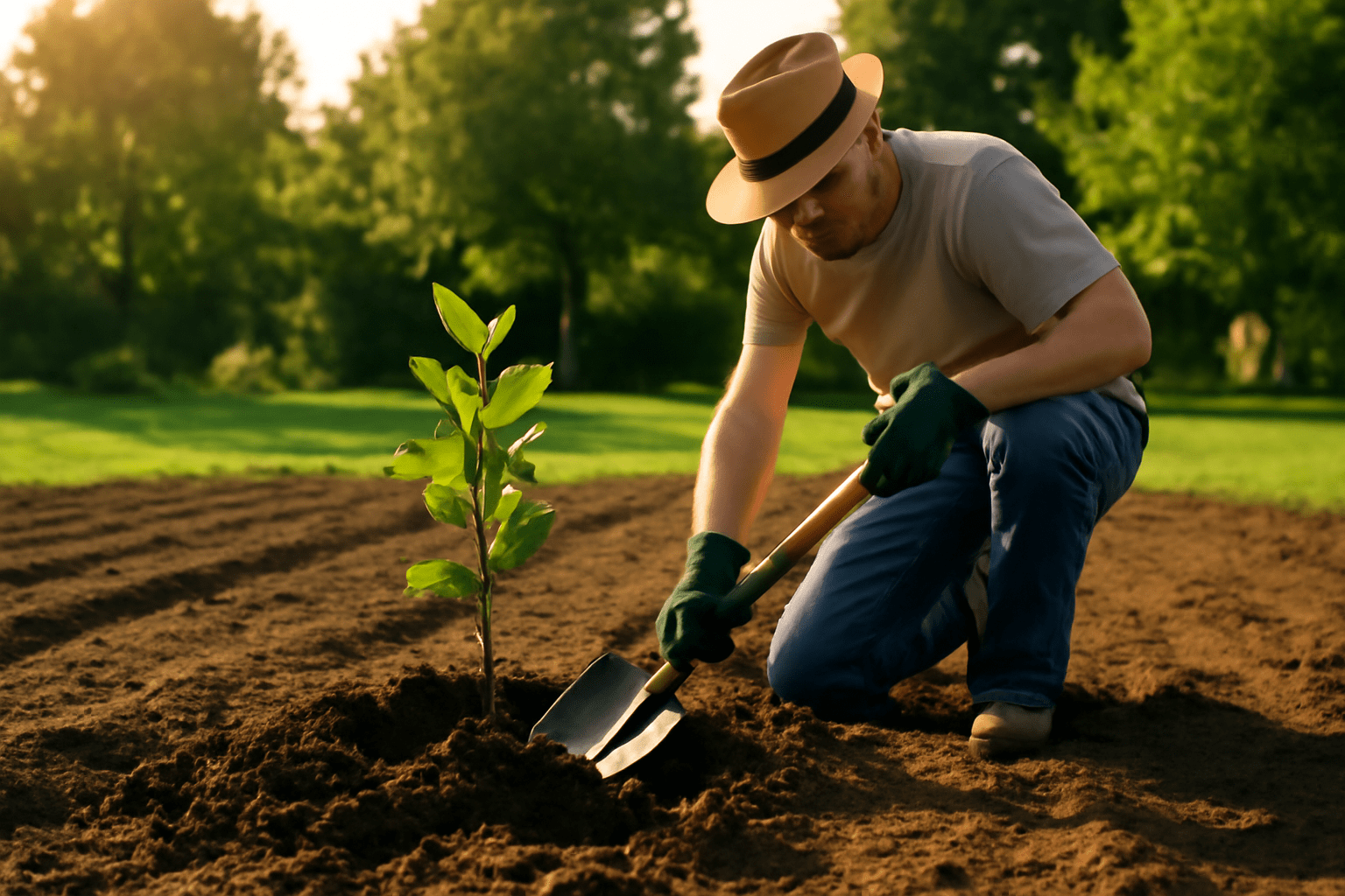 "Gardener planting a walnut sapling in soil, preparing for successful tree growth in a spacious garden."