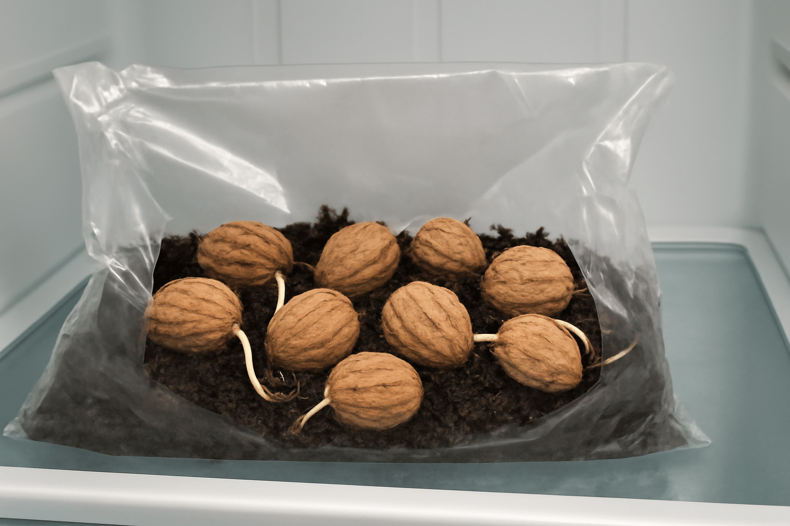 "Walnuts in a plastic bag for cold stratification, with visible roots sprouting inside."