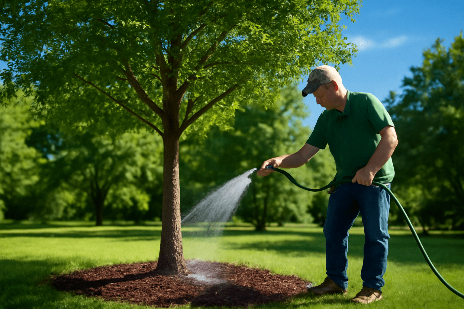 A man using a hose to water a young tree in a garden, ensuring its growth and health.