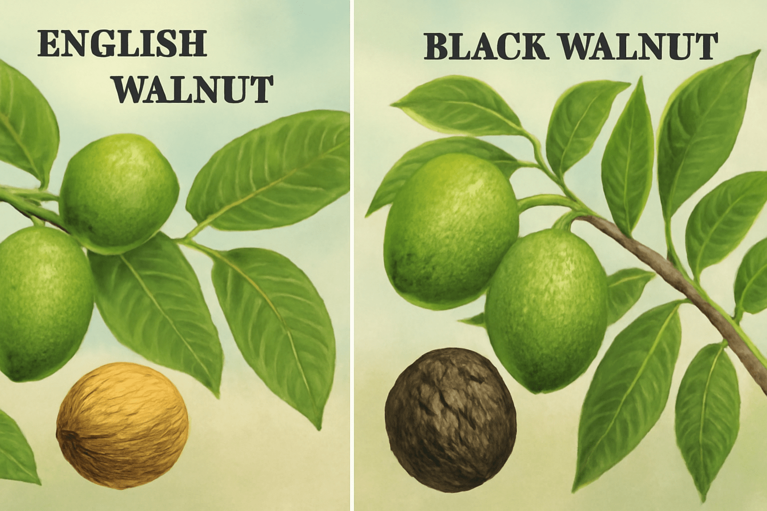 "Close-up of English walnut and black walnut trees with visible nuts"