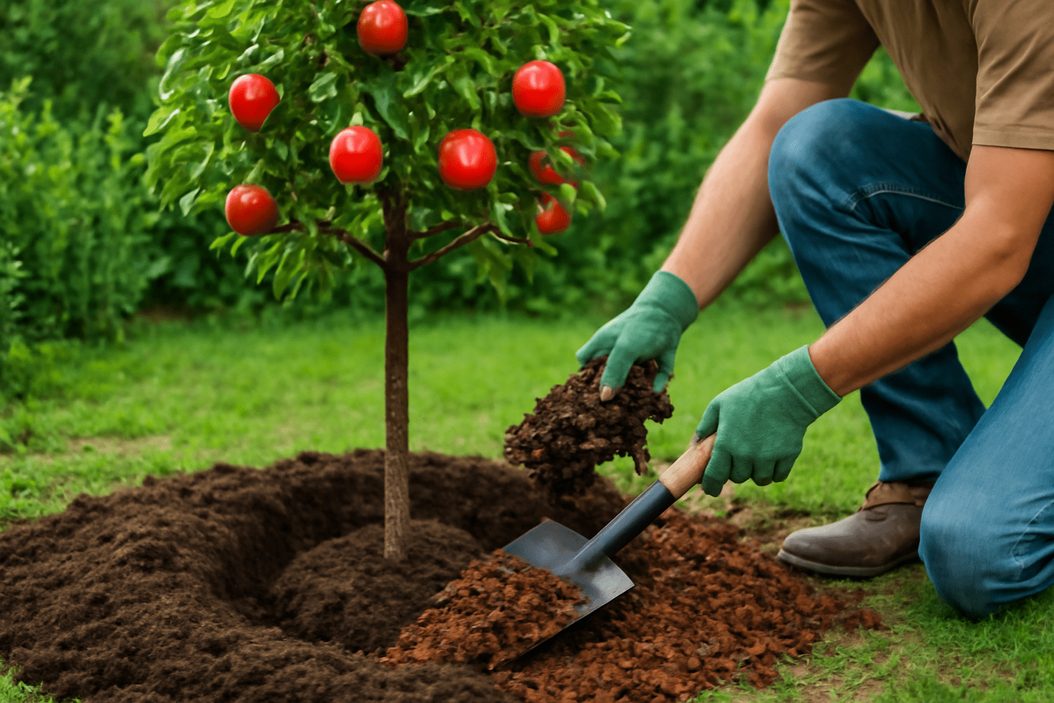 "Step-by-step process of planting a dwarf apple tree in a garden, showing digging, planting, and mulching."