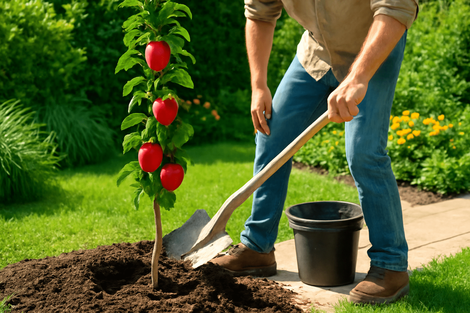 "Gardener planting a columnar apple tree in a small garden, demonstrating the correct planting technique."