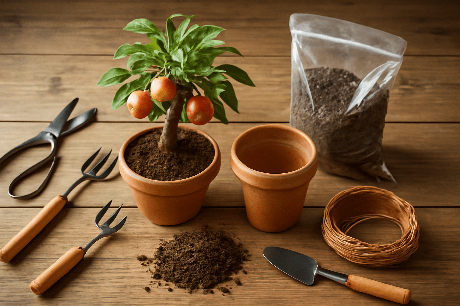 "Essential gardening tools for planting a bonsai apple tree, including pruning shears and soil mix."