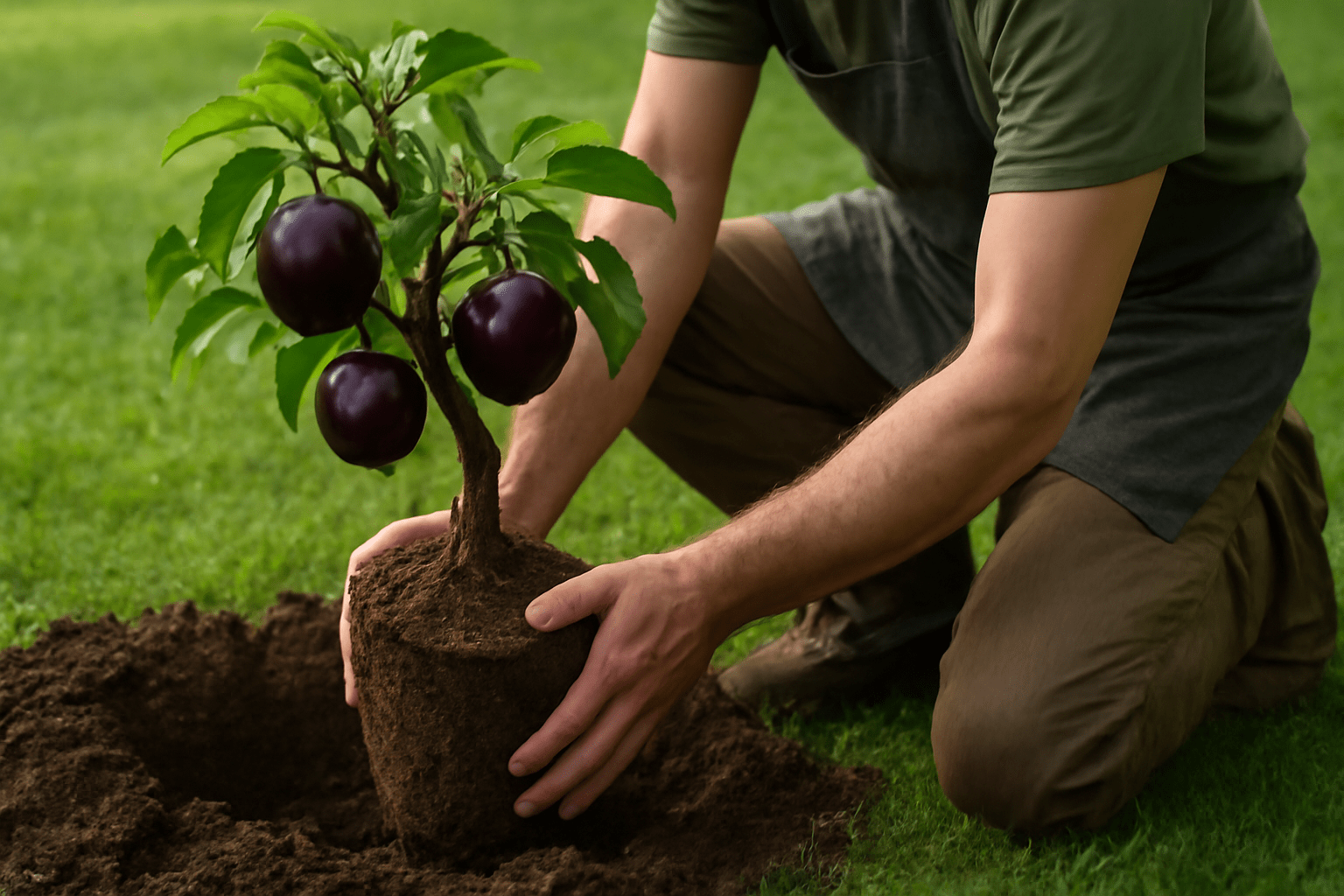 "A gardener planting an Arkansas Black apple tree with proper root positioning to ensure healthy growth."