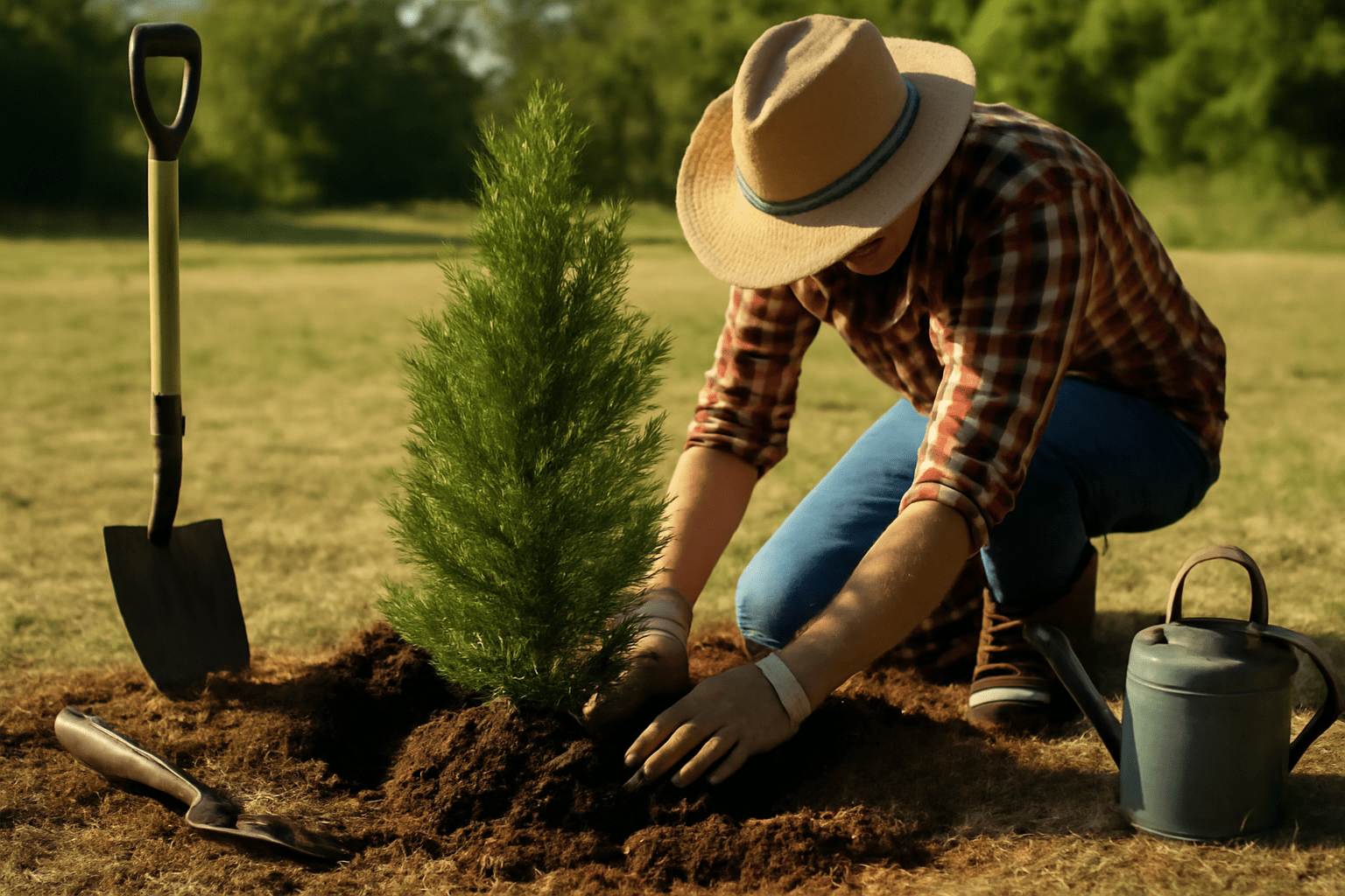 A person in a plaid shirt and straw hat plants a young tree in a sunny field, with a shovel, trowel, and watering can nearby, conveying growth and care.