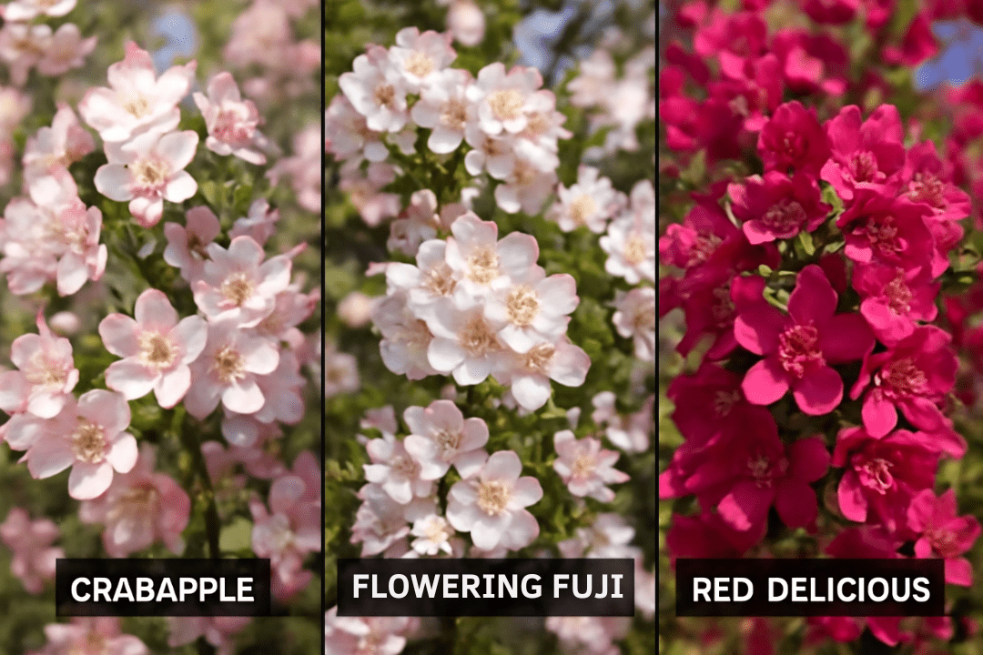 "Different flowering apple tree varieties like crabapple, Flowering Fuji, and Red Delicious in full bloom."