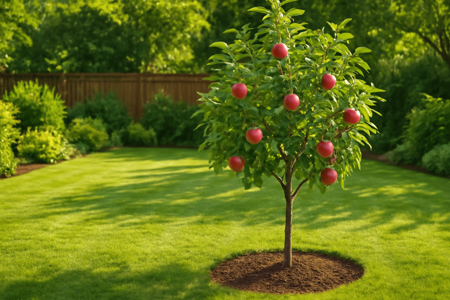 "A sunny backyard with an apple tree planted in a well-drained spot, demonstrating ideal conditions for McIntosh apples."