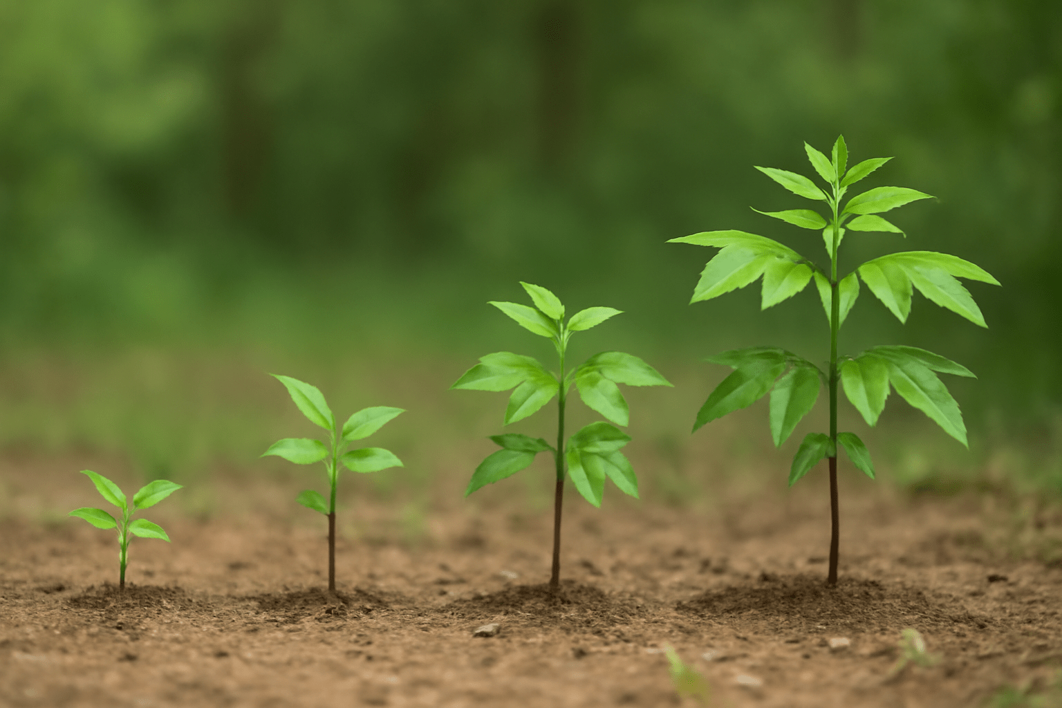 “Different stages of hickory tree growth, from sapling to mature tree.”