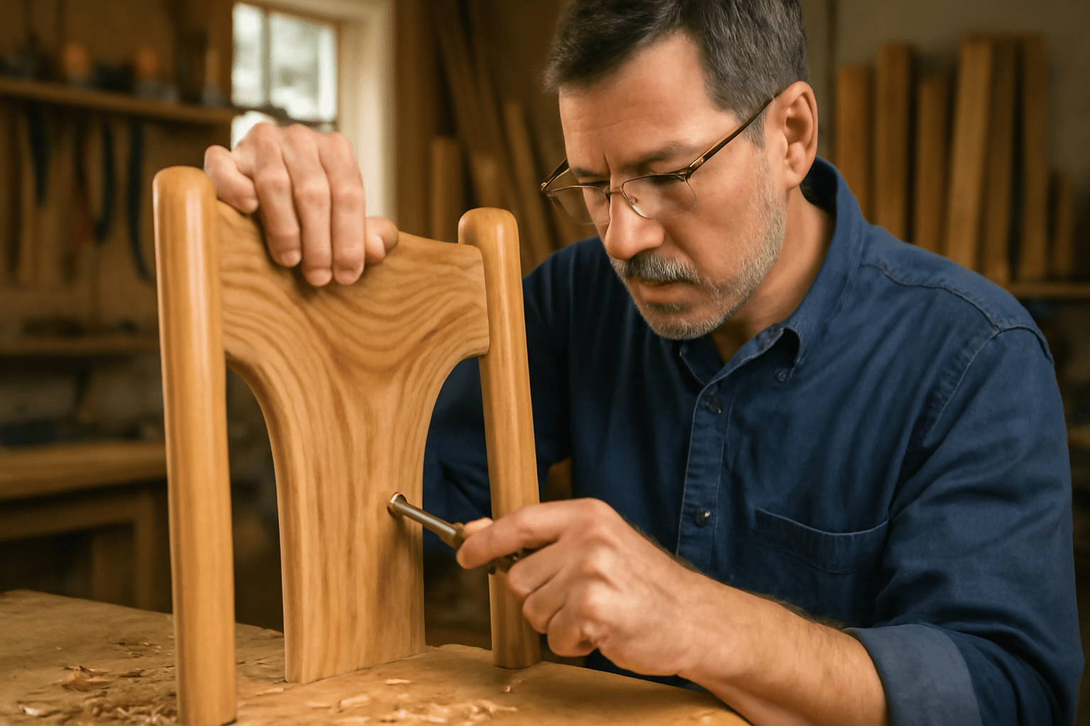 "Furniture maker crafting a hickory chair, highlighting the unique wood grain."