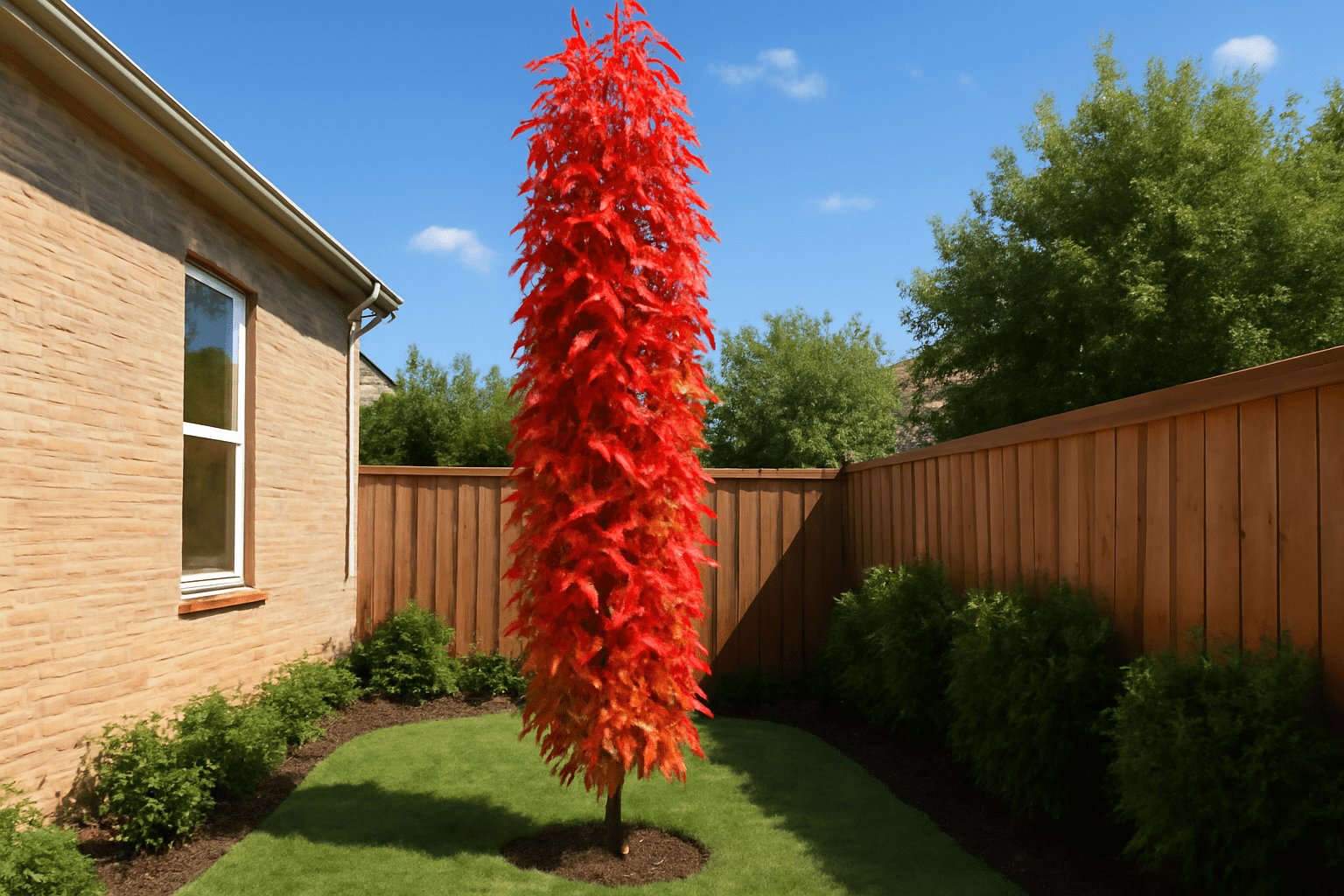 "Liquidambar Slender Silhouette Sweetgum Tree planted in a small urban garden showing its narrow form."