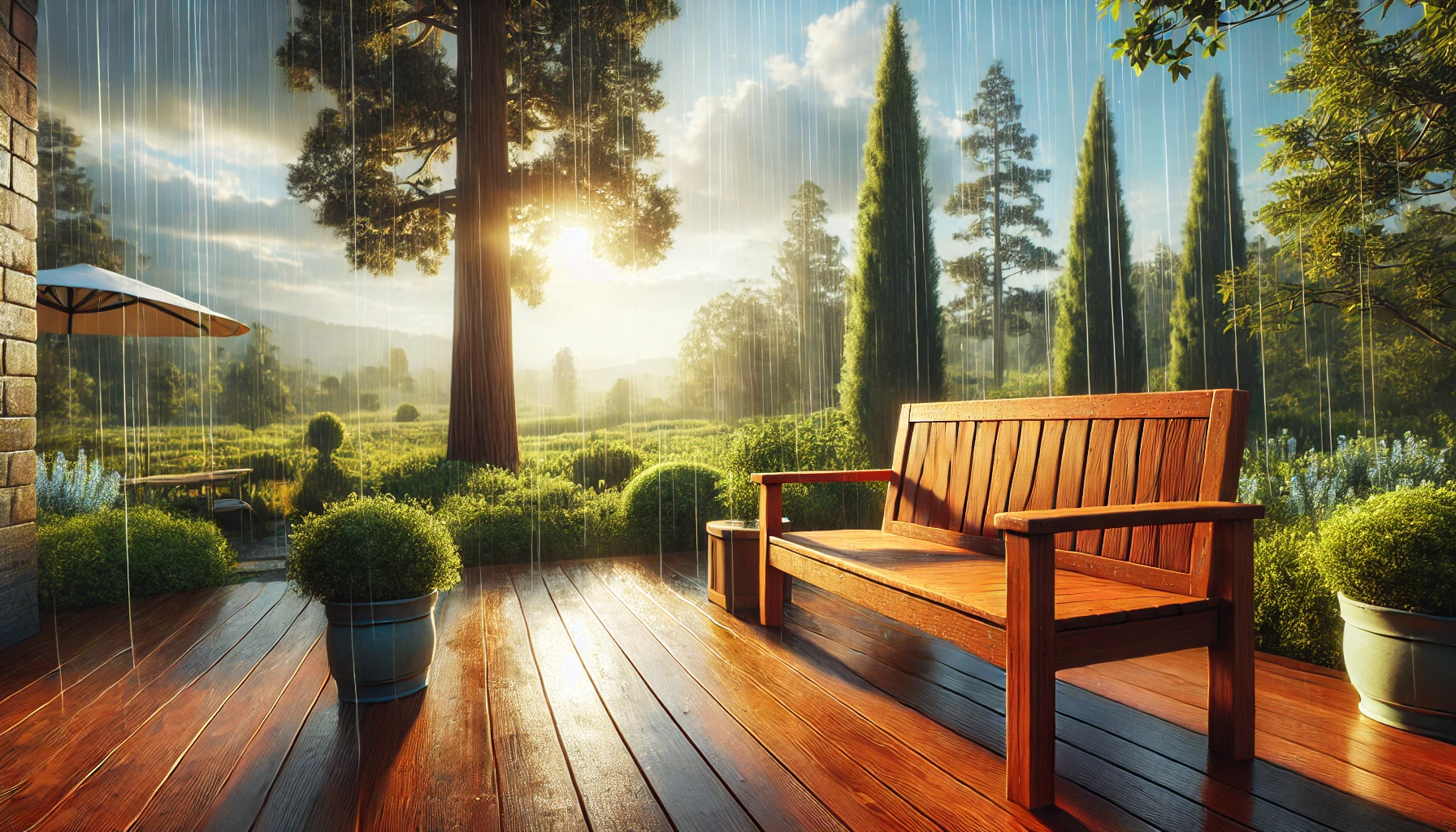 A wooden bench on a rain-soaked deck, surrounded by lush greenery, with sunlight breaking through clouds in the background.