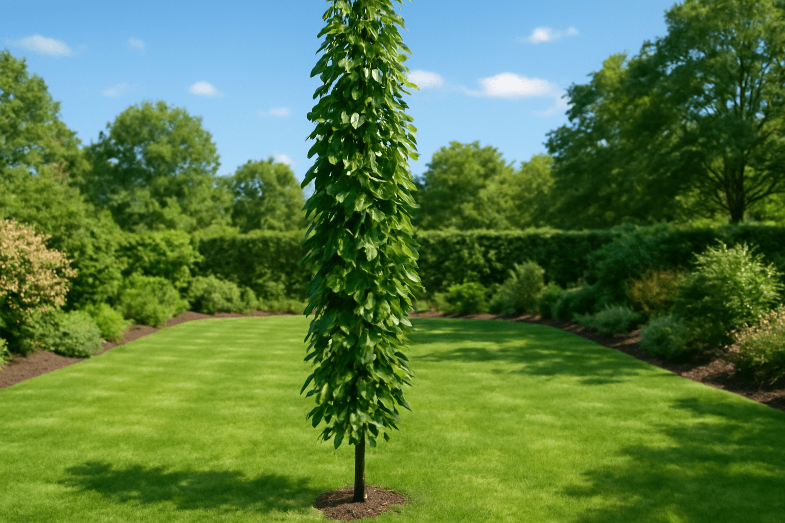 Columnar sweetgum tree thriving in full sunlight with glossy green leaves and well-drained soil.