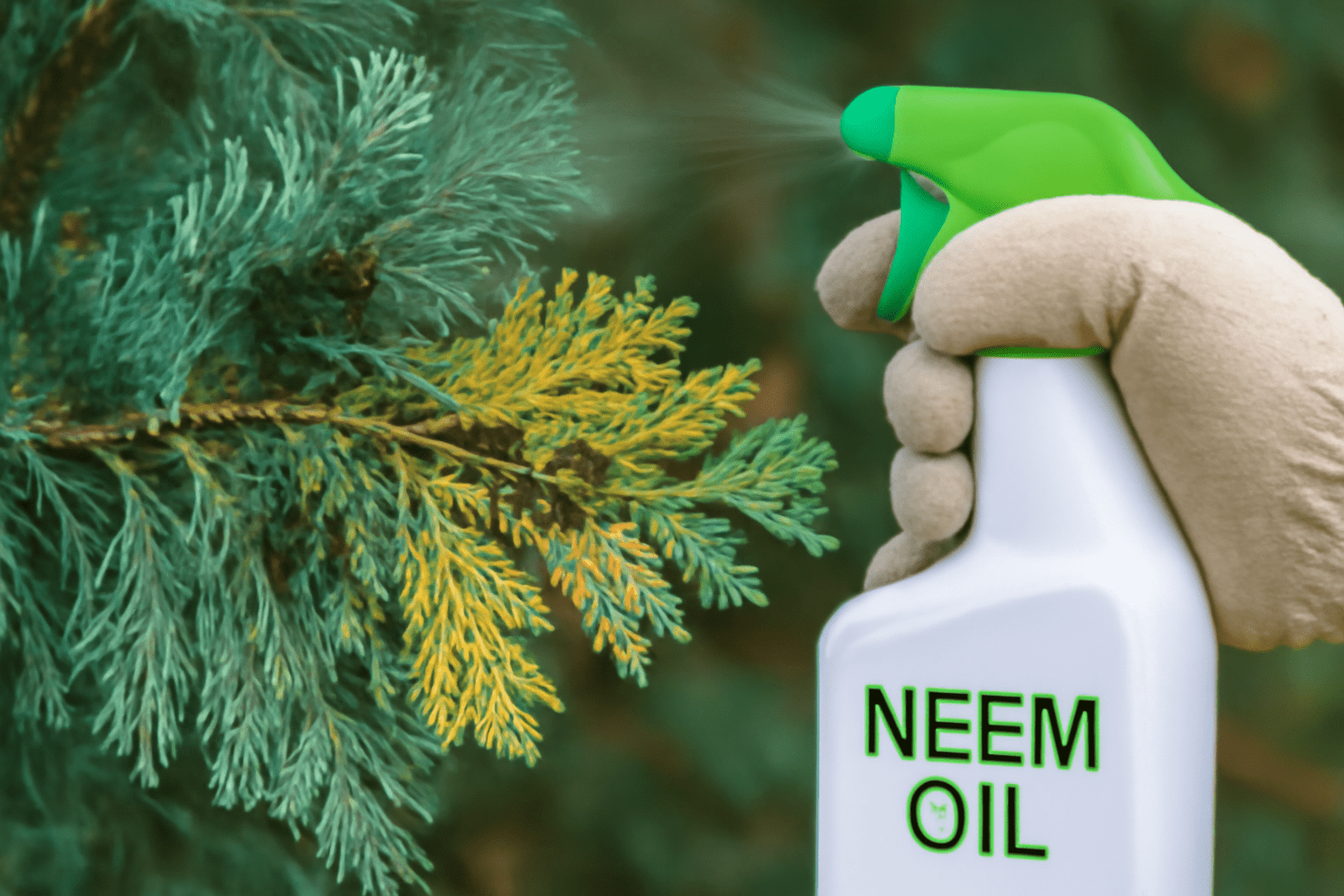Gloved hand holding a spray bottle labeled "Neem Oil," misting onto a branch of a conifer with green and yellow needles, suggesting plant care.