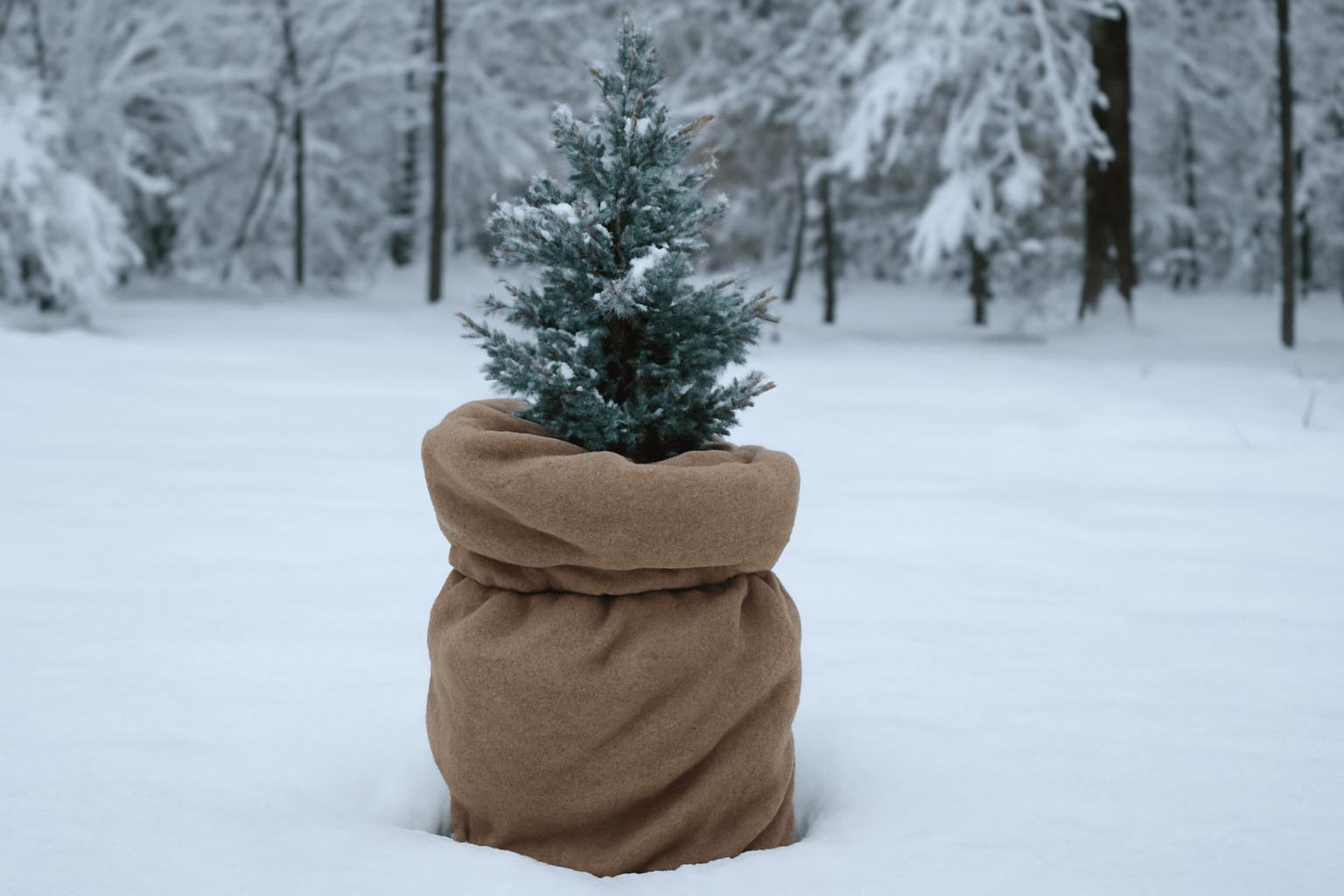 A small pine tree wrapped in brown burlap stands in a snowy forest. Snow dusts the branches, creating a serene and wintry atmosphere.