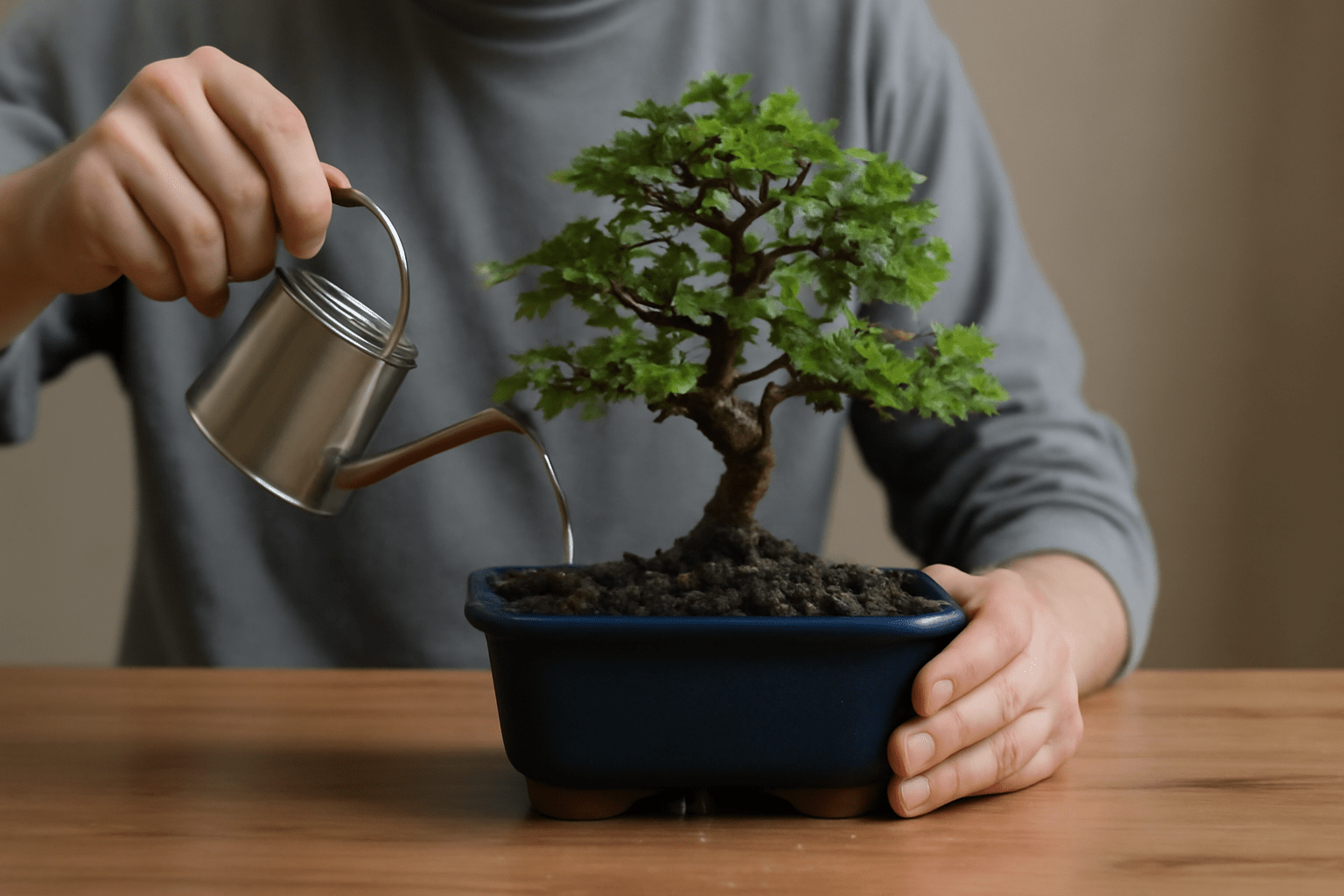A man carefully waters a small bonsai tree using a watering can in a serene garden setting.
