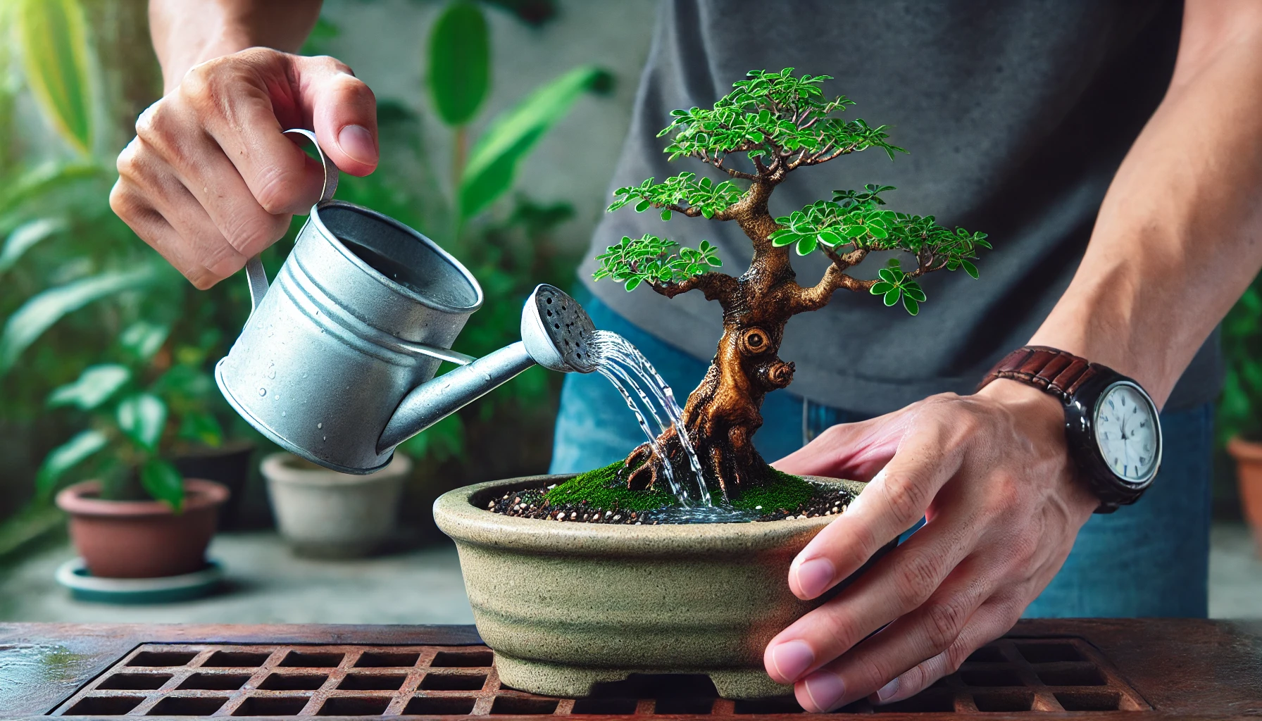A person waters a small bonsai tree with a metal watering can, surrounded by lush greenery in a serene gardening setting.