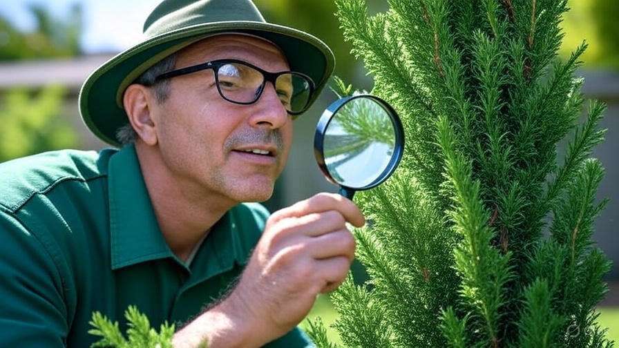 A person in a green shirt and hat examines a lush green plant closely with a magnifying glass in bright outdoor light.