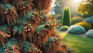 A close-up view of a tree showing its detailed bark and needle-like leaves, surrounded by other greenery.