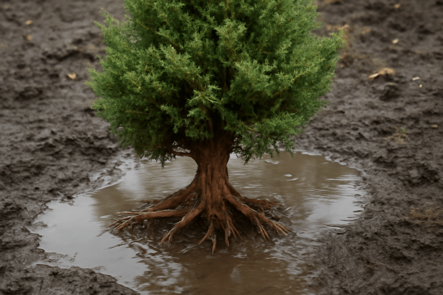 A small tree stands in a puddle of water, reflecting its image on the surface.
