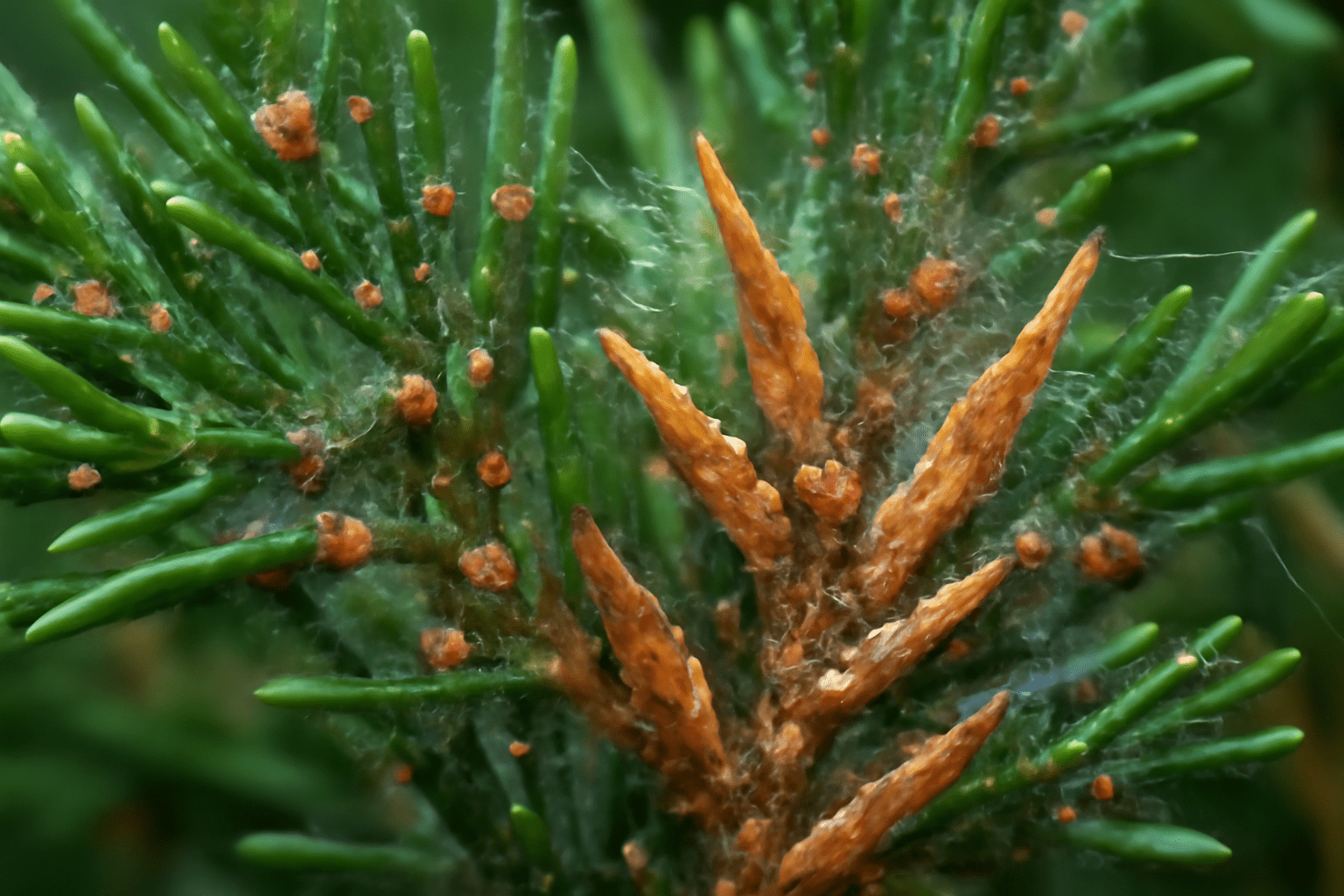 Close-up of green coniferous needles with small orange-brown galls and fine webbing, showcasing detailed plant structure.