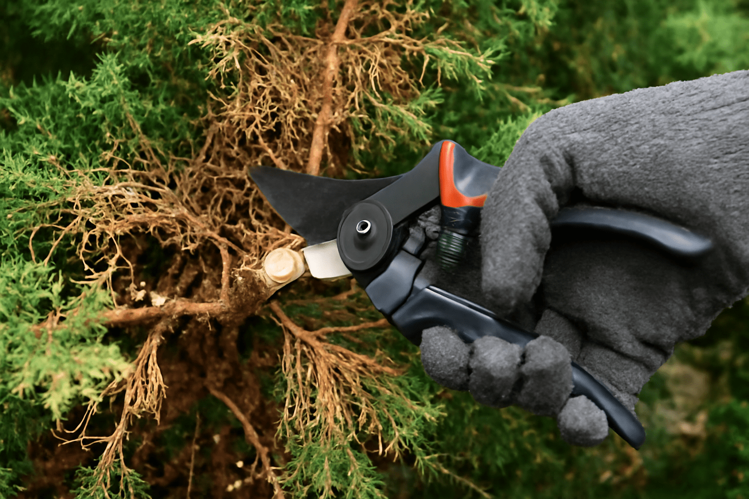 A gloved hand uses pruning shears to cut a branch from a green shrub, focusing on the pruned section and surrounding foliage.