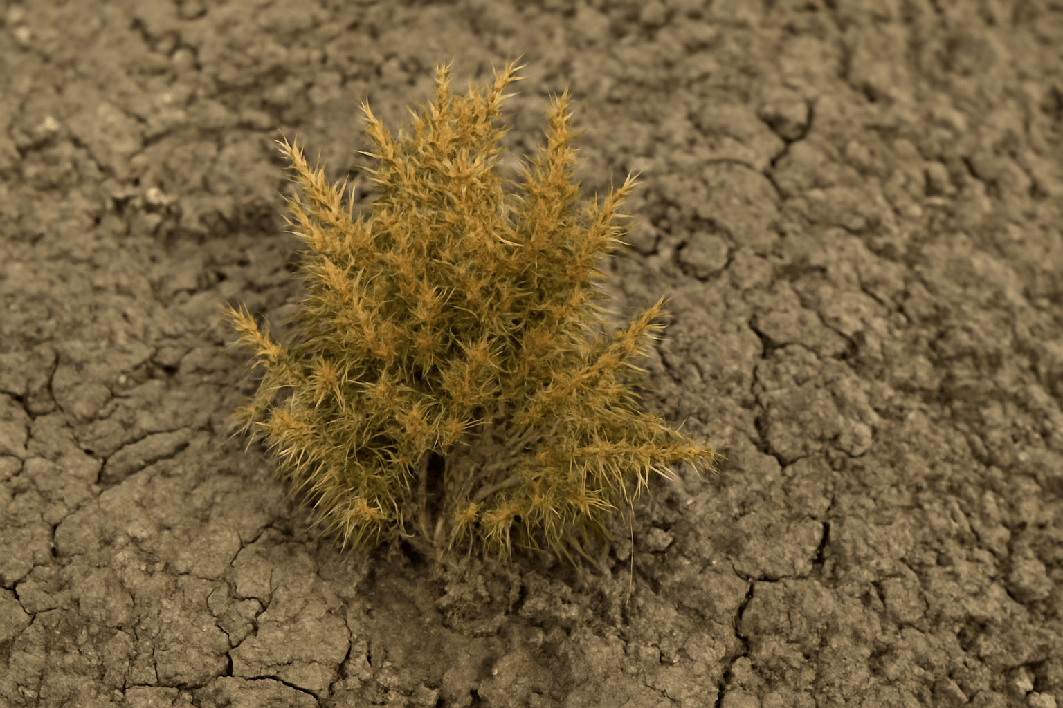 A resilient green plant with spiky yellow-green leaves growing from dry, cracked soil, symbolizing survival in harsh conditions.