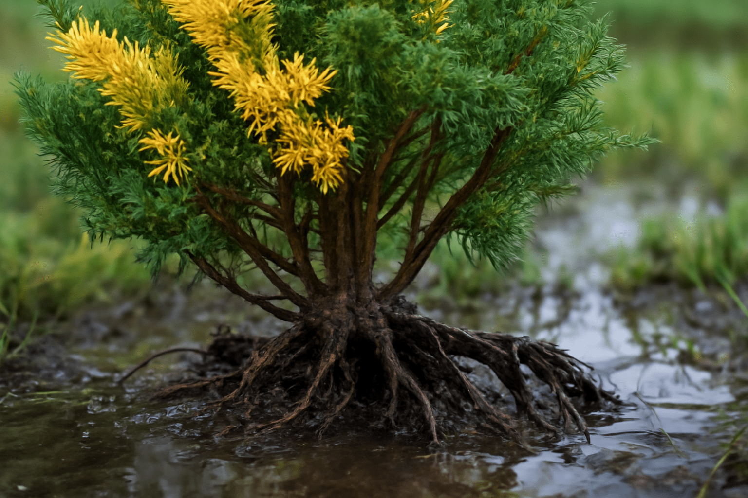A close-up of a small plant with vibrant yellow and green foliage, rooted in wet soil amid a grassy landscape.