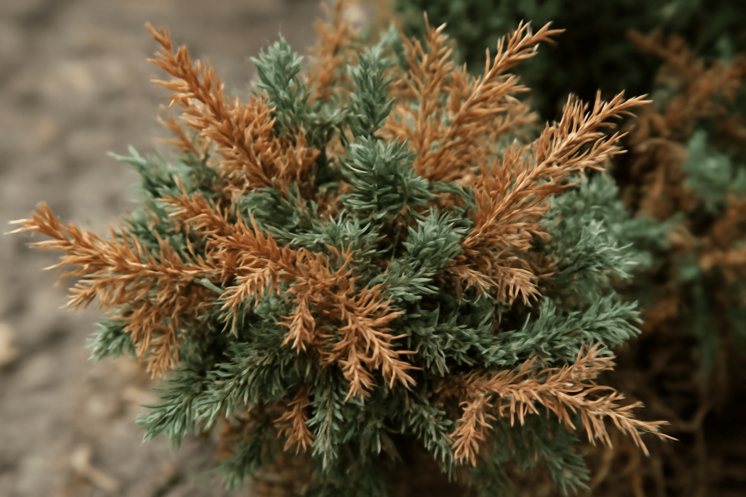 A close-up of a juniper plant showcasing mixed green and brown foliage, indicating potential stress or seasonal change.