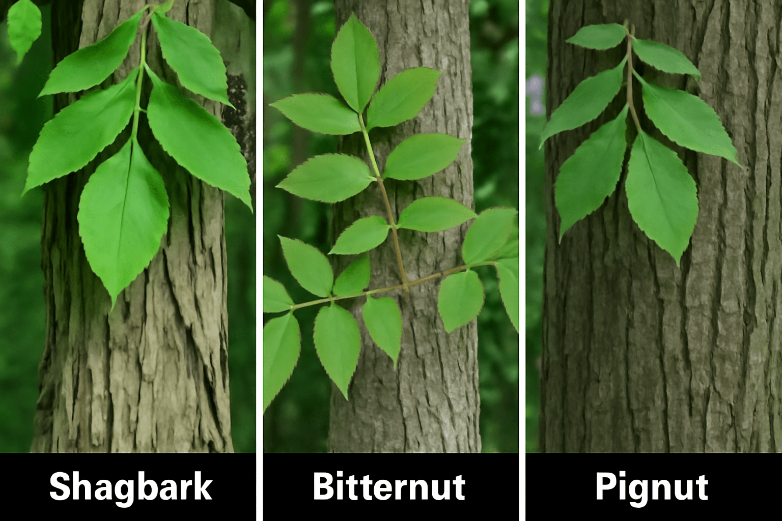 "Comparison of Shagbark, Bitternut, and Pignut hickory trees with unique leaves and bark."