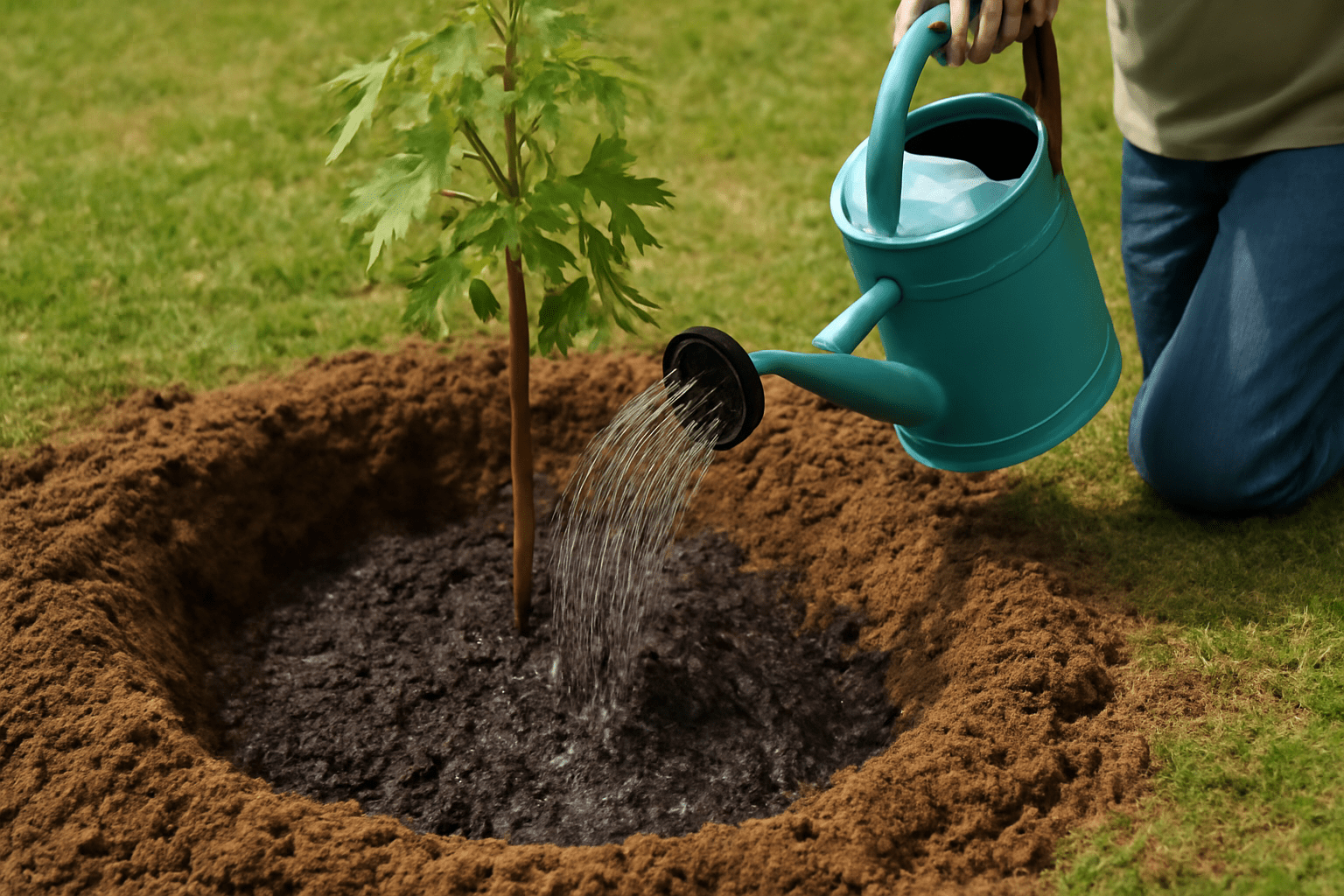 "Gardener watering a young Chinese Sweetgum tree, focusing on root establishment and soil."