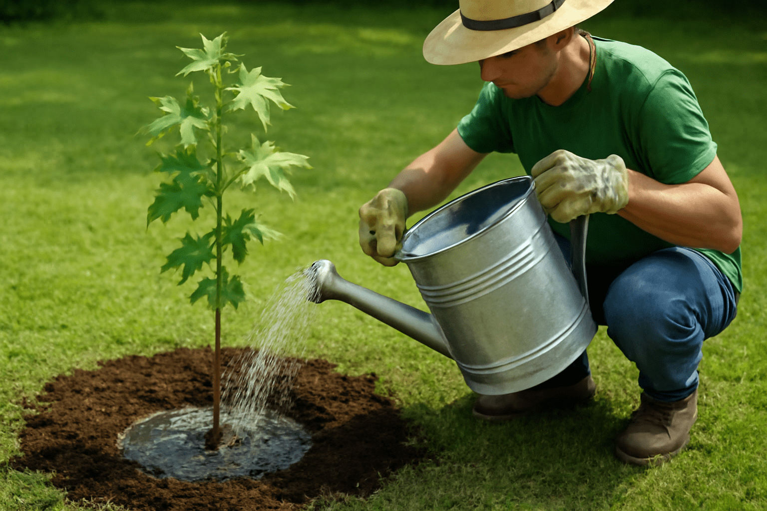 "Gardener watering a Cherokee Sweetgum Tree for healthy root growth and soil moisture."