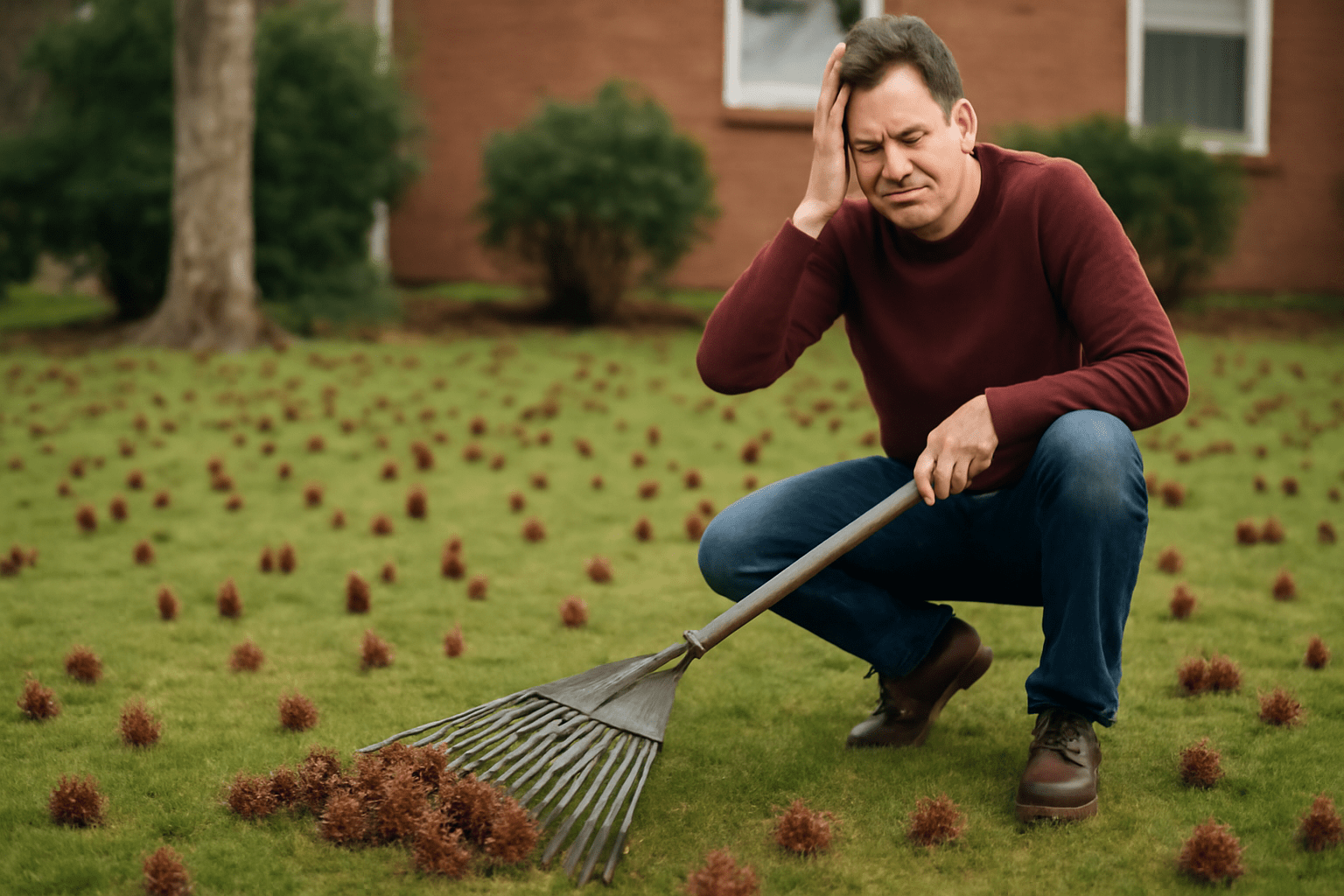"Person raking sweetgum pods from the lawn, struggling with the cleanup task."