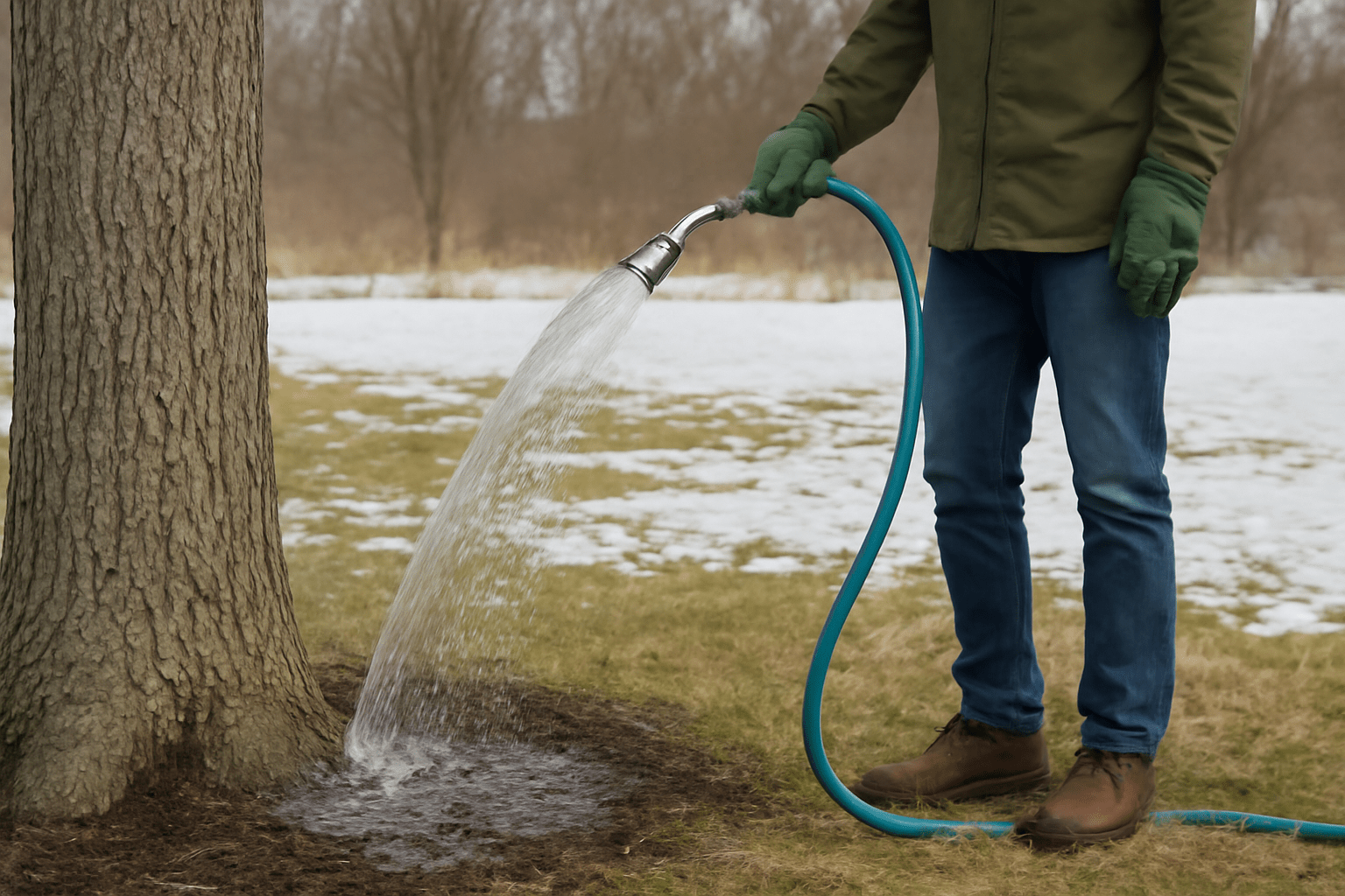 "Gardener watering a hickory tree deeply during winter on a warmer day."
