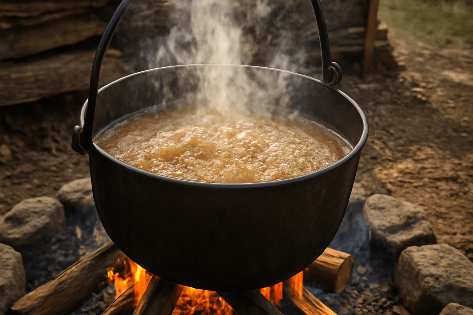 "Boiling hickory sap into syrup over an outdoor fire with steam rising."