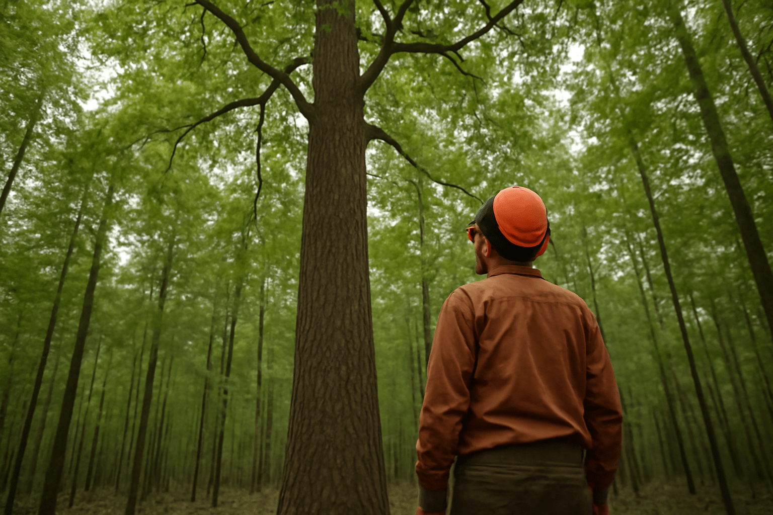 "Person assessing the canopy of a tall hickory tree with heavy branches."
