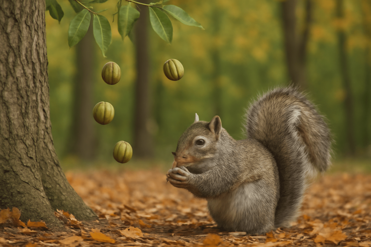"Hickory nuts falling from a tree, with a squirrel gathering them."