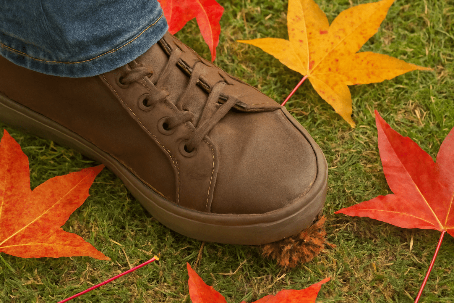 Person stepping on a sharp sweetgum gum ball, illustrating the pain of dealing with the prickly seed pods.