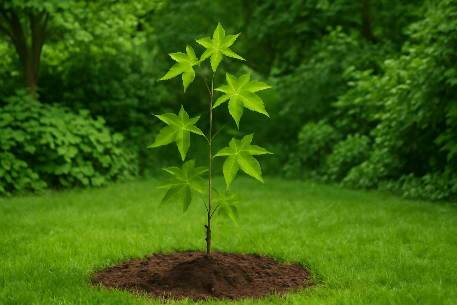 Sweetgum sapling growing in a garden, with lush green surroundings and star-shaped leaves.
