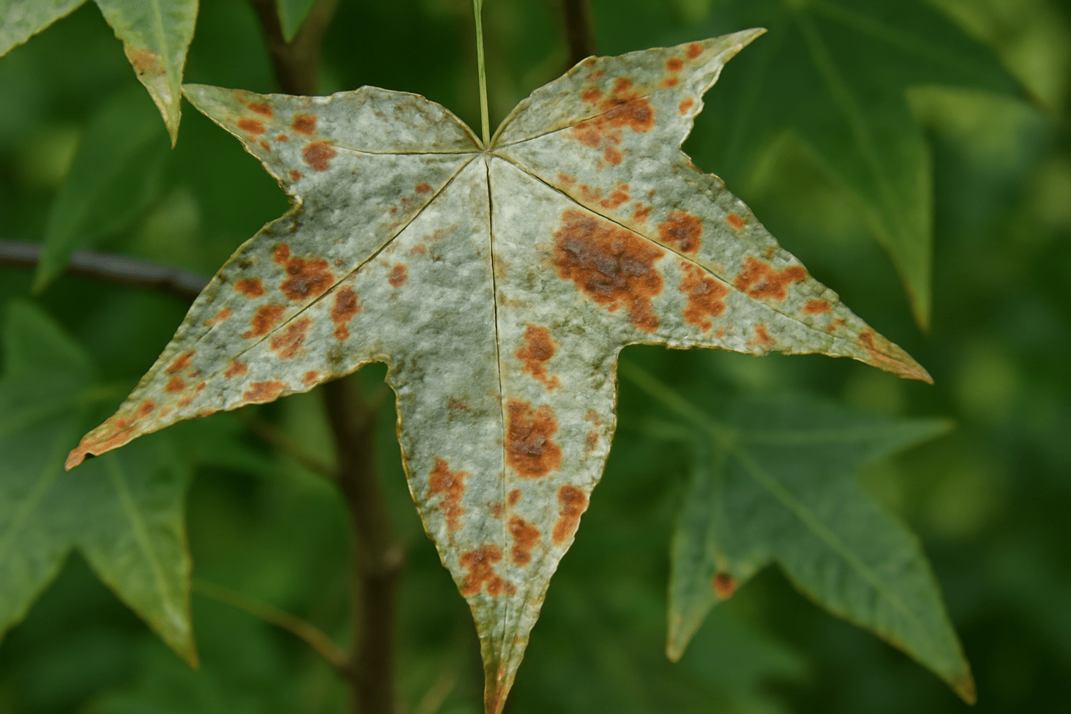 "Slender Silhouette Sweetgum leaf showing signs of powdery mildew or fungal infection."