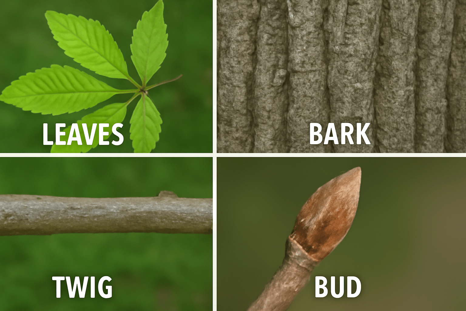 "Collage showing key features of hickory trees: leaves, bark, twigs, and buds."