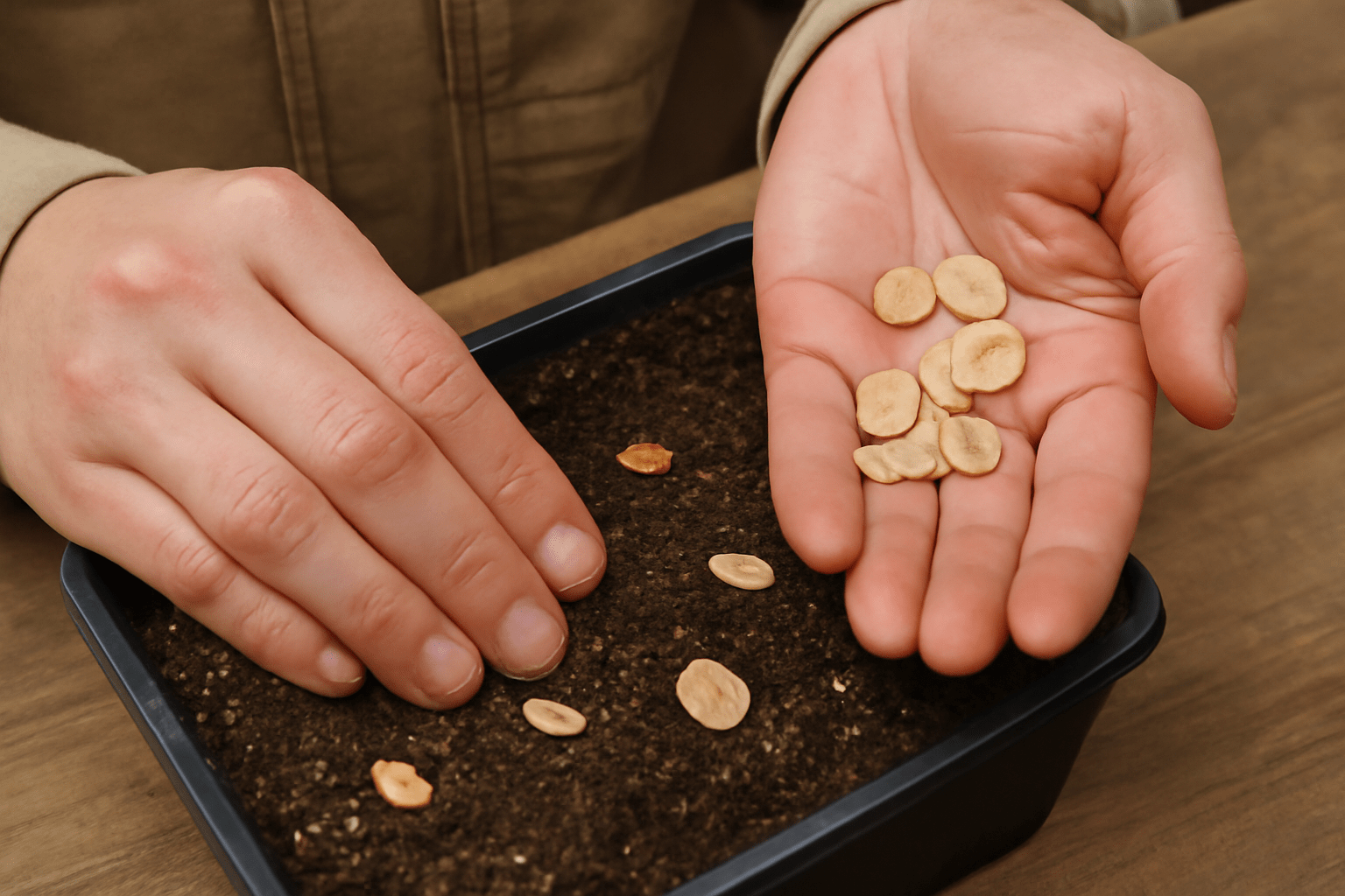 A tray filled with young seedlings, each sprouting with fresh green leaves, indicating new growth.
